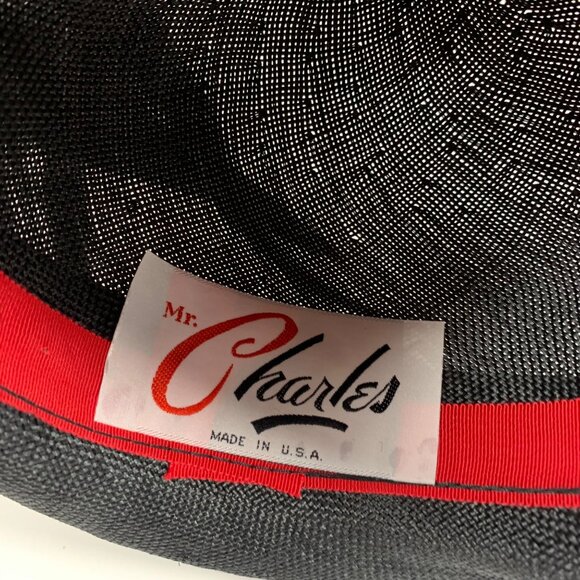 VTG Mr Charles Black Straw Hat w/ Elegant Feather Accent Satin Band Fancy Derby - Picture 6 of 6